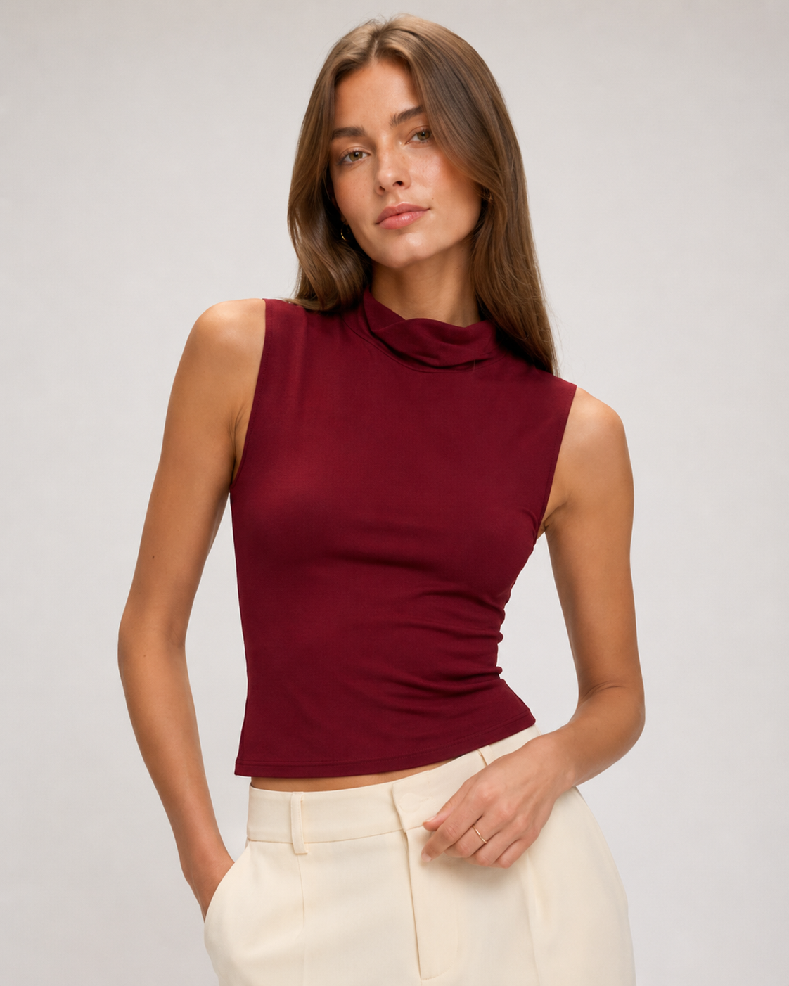 Handmade sleeveless mock-neck top