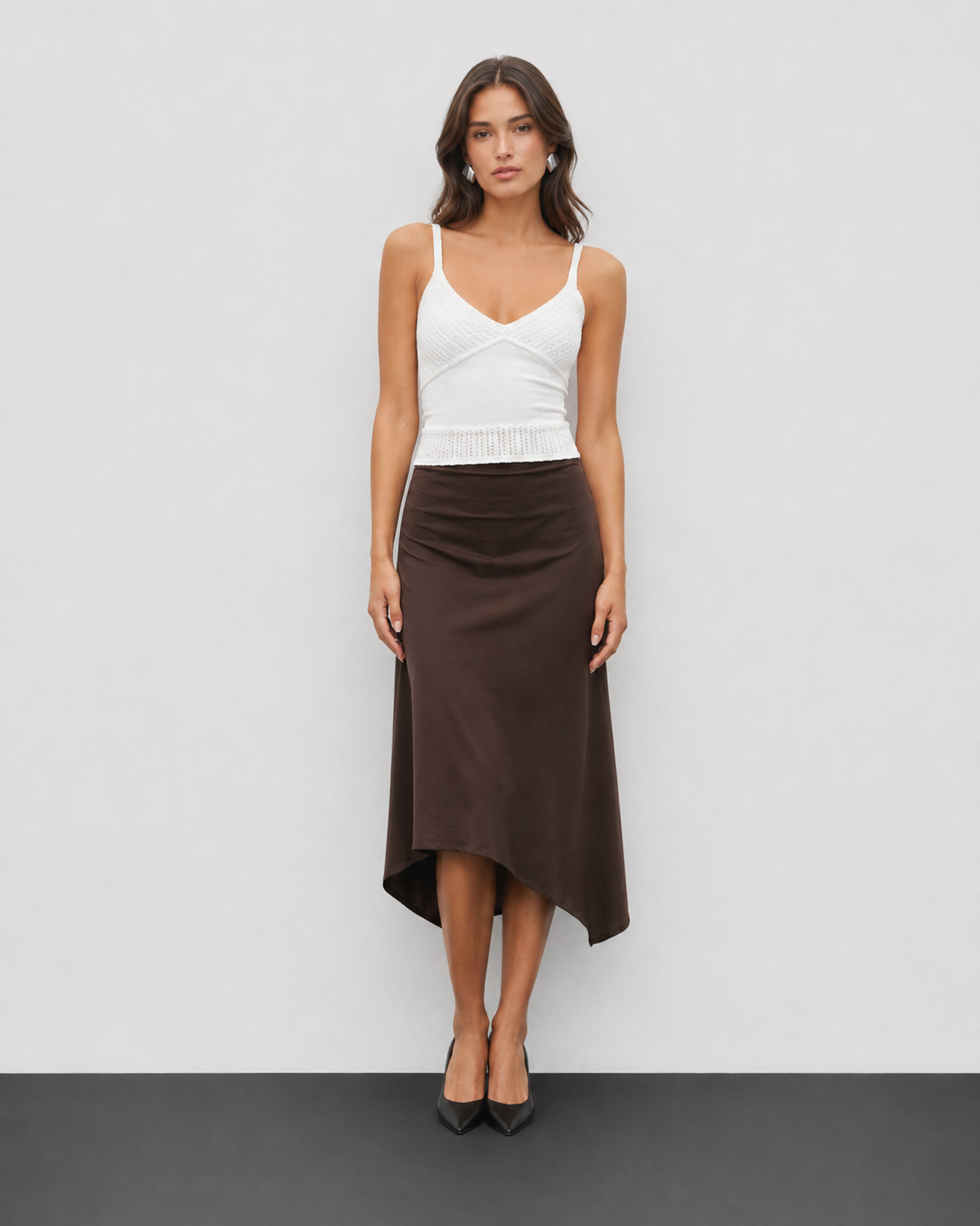 Knit cami and chocolate satin midi skirt